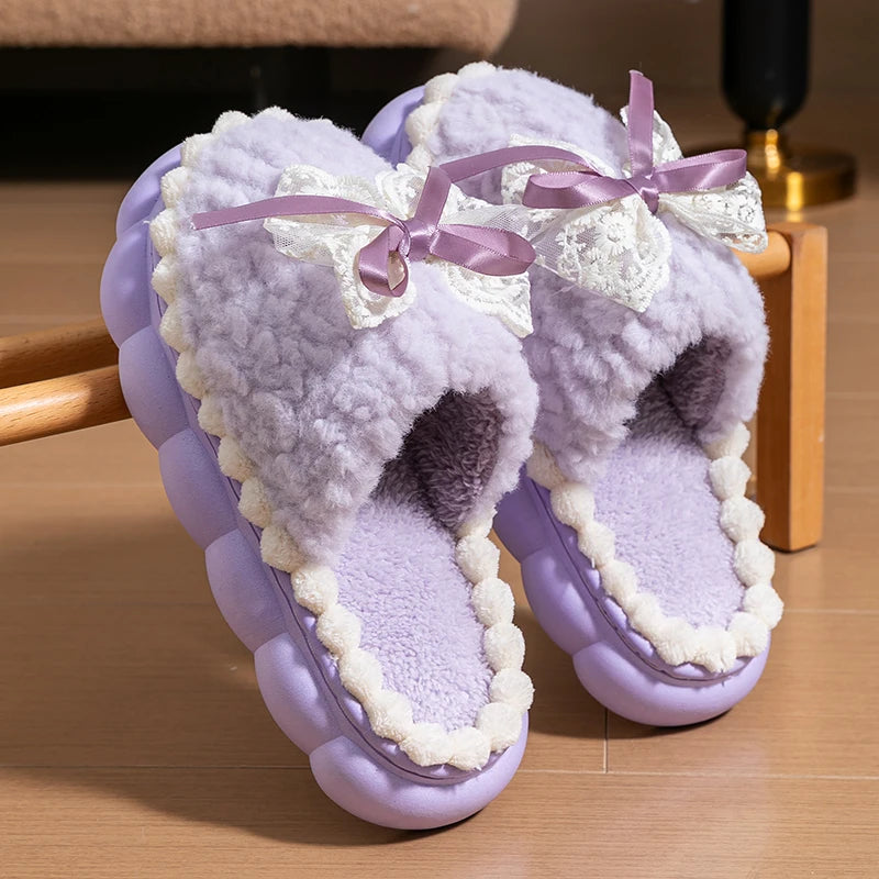 Winter Warme Fell Hausschuhe Für Frauen Dicken Sohlen Haushalts Hausschuhe Nette Schleife Nicht Slip Weichen Hause Schuhe Indoor Plüsch frauen Pantoffel