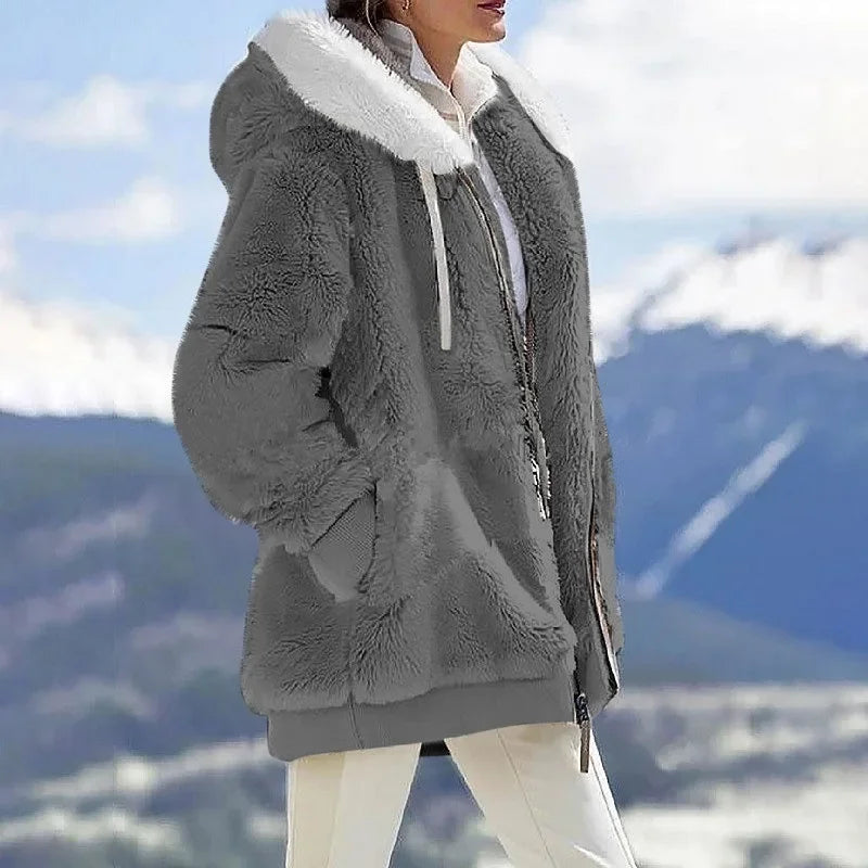 Herbst Winter Mode Damen mantel neue lässige Kapuze Reiß verschluss Dame Kleidung Kaschmir weibliche Fleece jacke einfarbige Damen mäntel