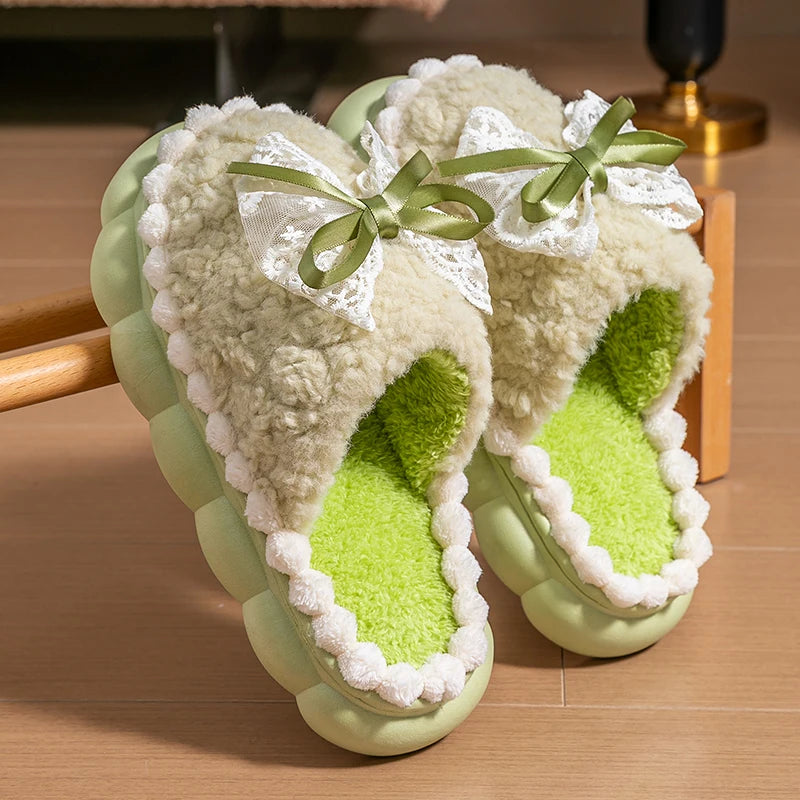 Winter Warme Fell Hausschuhe Für Frauen Dicken Sohlen Haushalts Hausschuhe Nette Schleife Nicht Slip Weichen Hause Schuhe Indoor Plüsch frauen Pantoffel