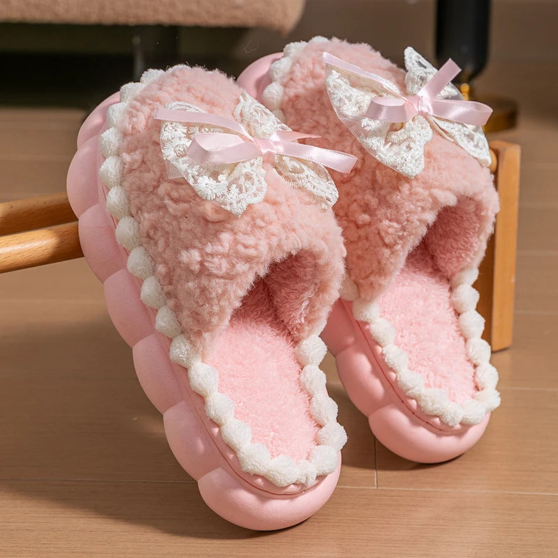 Winter Warme Fell Hausschuhe Für Frauen Dicken Sohlen Haushalts Hausschuhe Nette Schleife Nicht Slip Weichen Hause Schuhe Indoor Plüsch frauen Pantoffel