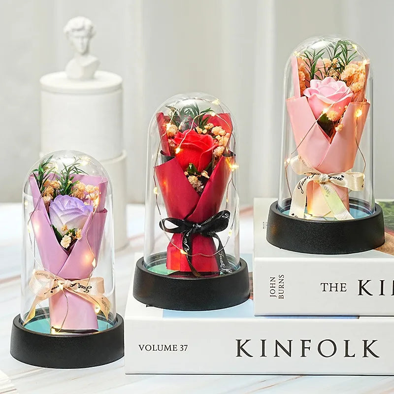 Ewiger Rosen-LED-Glaskuppel-Blumenstrauß, romantisch beleuchtete Verzierung, perfektes Valentinstag, Weihnachten, Heimdekoration, romantisches Geschenk