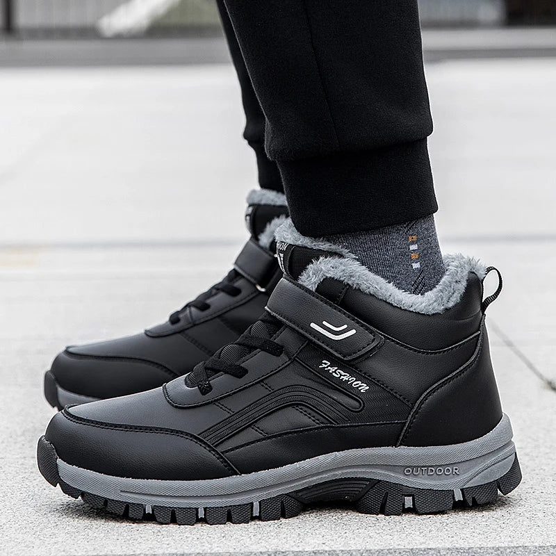 Winterstiefel für Herren, neue wasserdichte PU-Leder-warme Schnee-Stiefeletten für den Außenbereich, warmer Plüsch, rutschfeste Arbeits-High-Top-Freizeitschuhe