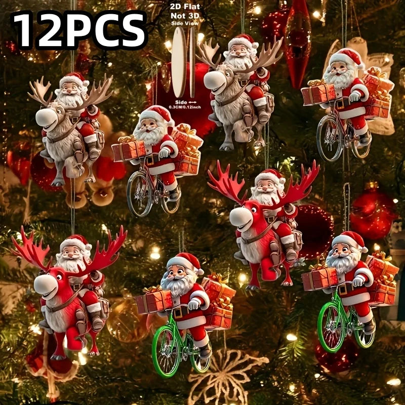 12-teiliges Weihnachtsmann-Holzanhänger-Set – Perfekt für Weihnachtsbäume und festliche Heimdekorationen, 2D flache Weihnachtsmann-Geschenklieferanten-Figuren