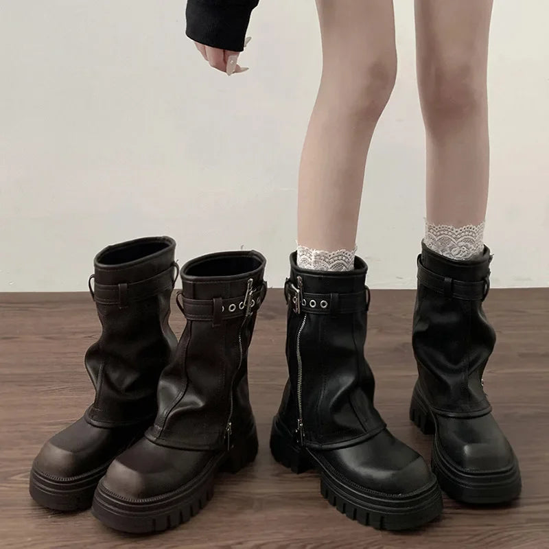 Winter Frauen Biker Stiefel Mode Gürtel Schnalle Damen Elegante Plattform Wohnungen Kurze Booties Casual frauen Ritter Booties
