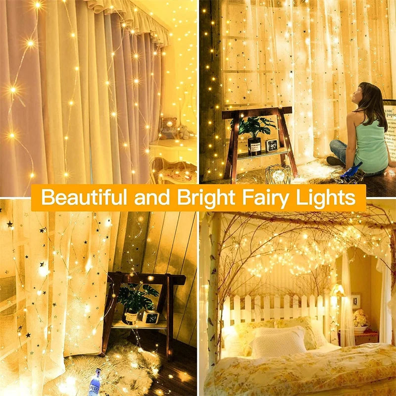 Weihnachtsbeleuchtung, LED-Feen-Lichterkette, Vorhang, Lichter, 8-Modus, Fernbedienung, USB, Girlande, Weihnachtsdekoration für Zuhause, Urlaub, Neujahr, Lampe