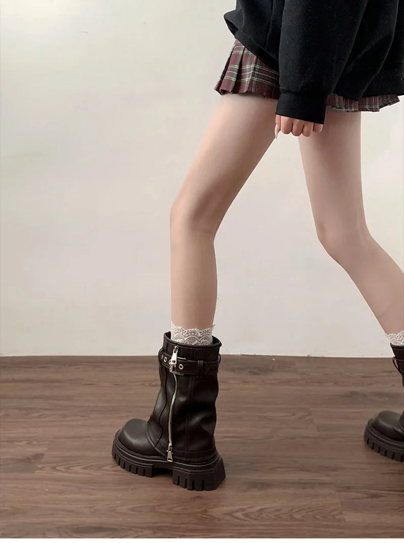 Winter Frauen Biker Stiefel Mode Gürtel Schnalle Damen Elegante Plattform Wohnungen Kurze Booties Casual frauen Ritter Booties