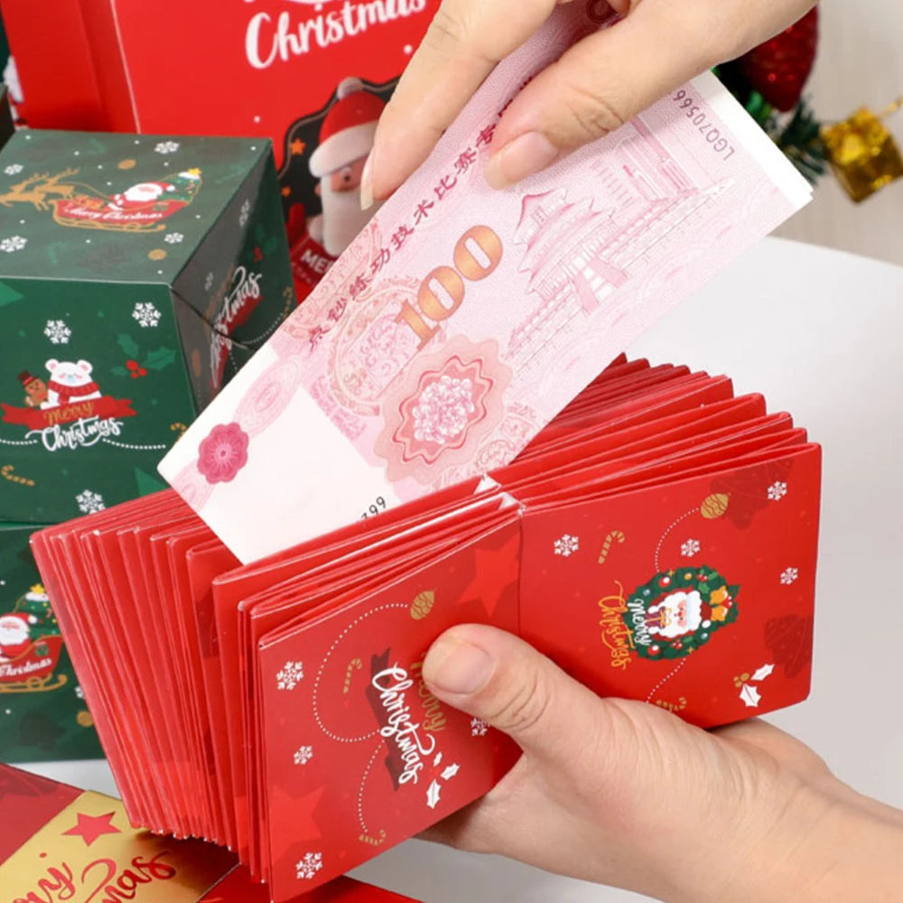 Weihnachts-Überraschungs-Geschenkbox mit Geldfunktion, Rot/Grün, Faltbare Pop-up-Papierboxen für Weihnachten, DIY-Geldgeschenk, Partydekoration