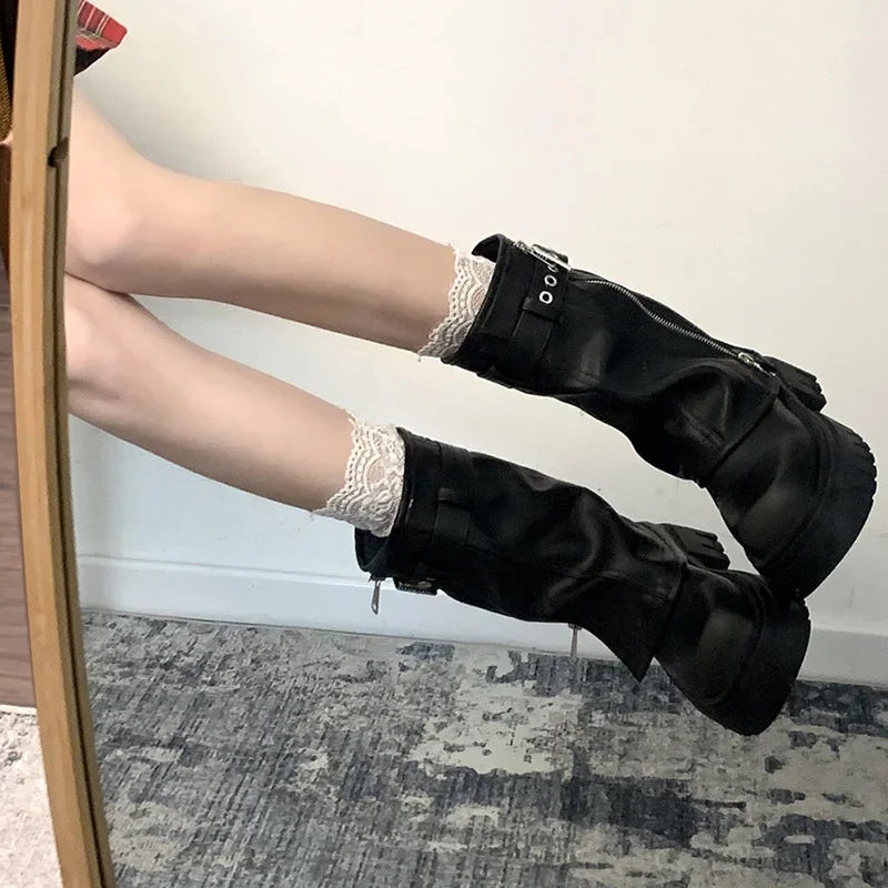 Winter Frauen Biker Stiefel Mode Gürtel Schnalle Damen Elegante Plattform Wohnungen Kurze Booties Casual frauen Ritter Booties