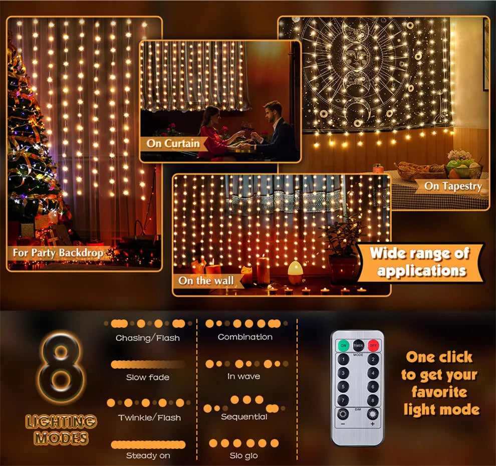 Weihnachtsbeleuchtung, LED-Feen-Lichterkette, Vorhang, Lichter, 8-Modus, Fernbedienung, USB, Girlande, Weihnachtsdekoration für Zuhause, Urlaub, Neujahr, Lampe