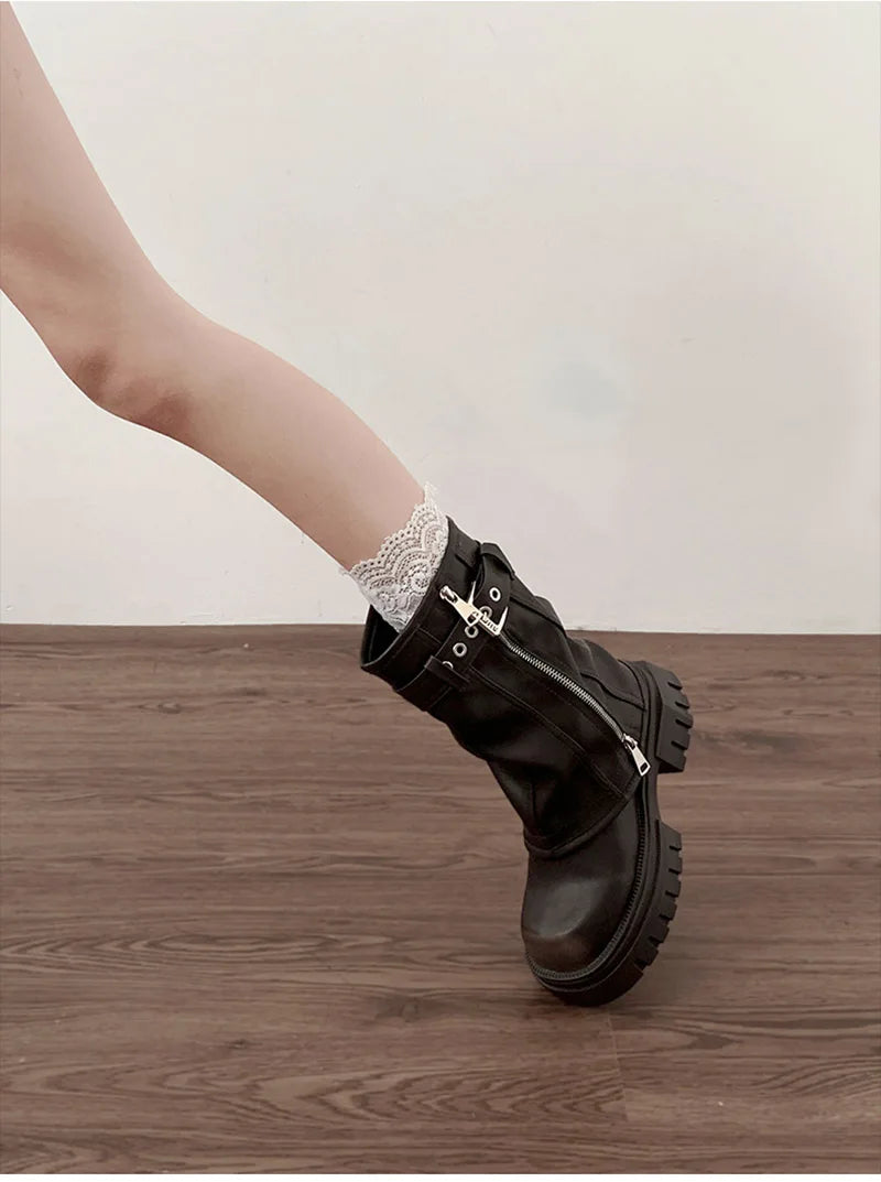 Winter Frauen Biker Stiefel Mode Gürtel Schnalle Damen Elegante Plattform Wohnungen Kurze Booties Casual frauen Ritter Booties