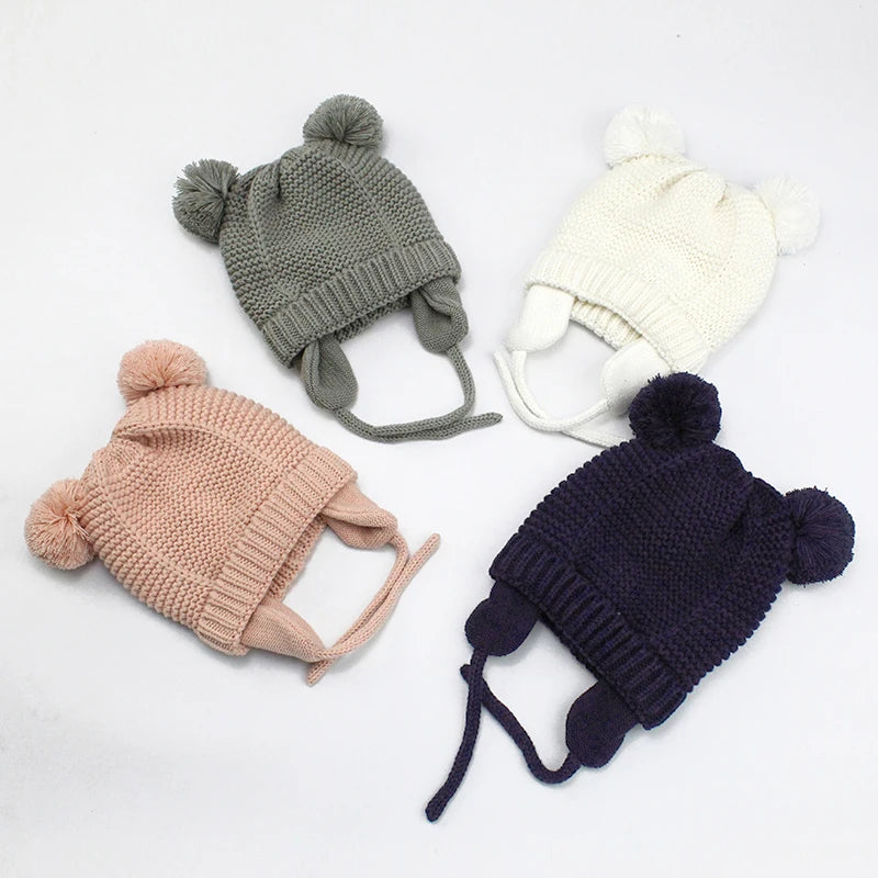 Winter-Babymütze für 0–12 Monate, Jungen und Mädchen, Zubehör, Strickmütze, Kindermütze, Fleece, warme Handschuhe, dicke Winterohr-Kindermütze, Babymütze