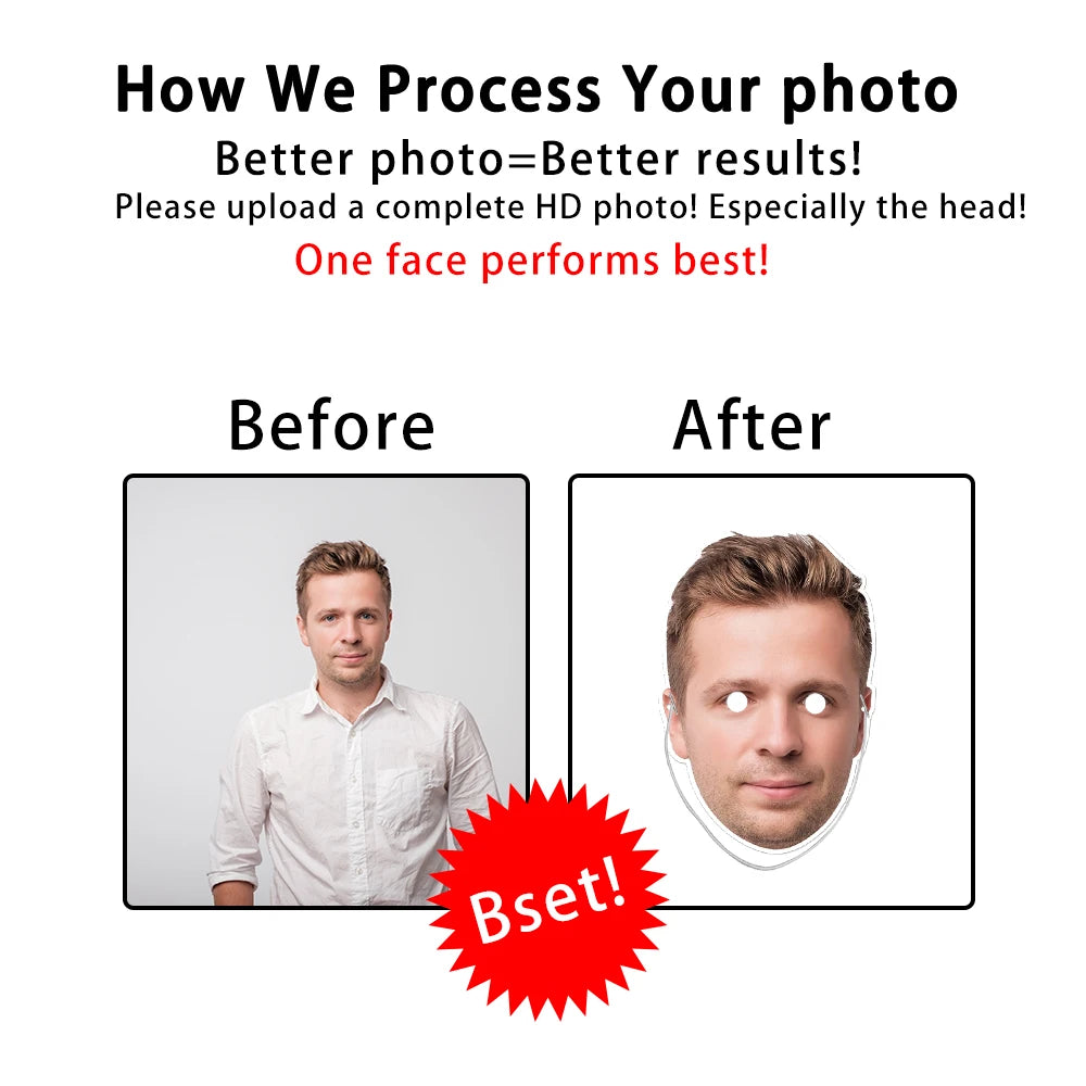 Benutzerdefinierte Gesichtsmaske, personalisierte Foto-Gesichtsmasken, Selfie-Fotoautomaten-Requisiten für Geburtstag, Hochzeit, Junggesellenabschied