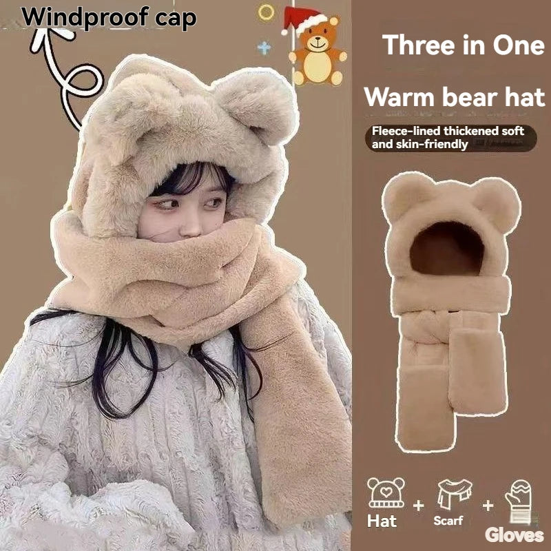 Winter warmes Plüsch-Fleece 3-in-1-Set mit Bärenohren, Kapuze, Mütze, Schal, Handschuhe, winddichtes Outdoor-Zubehör für kaltes Wetter
