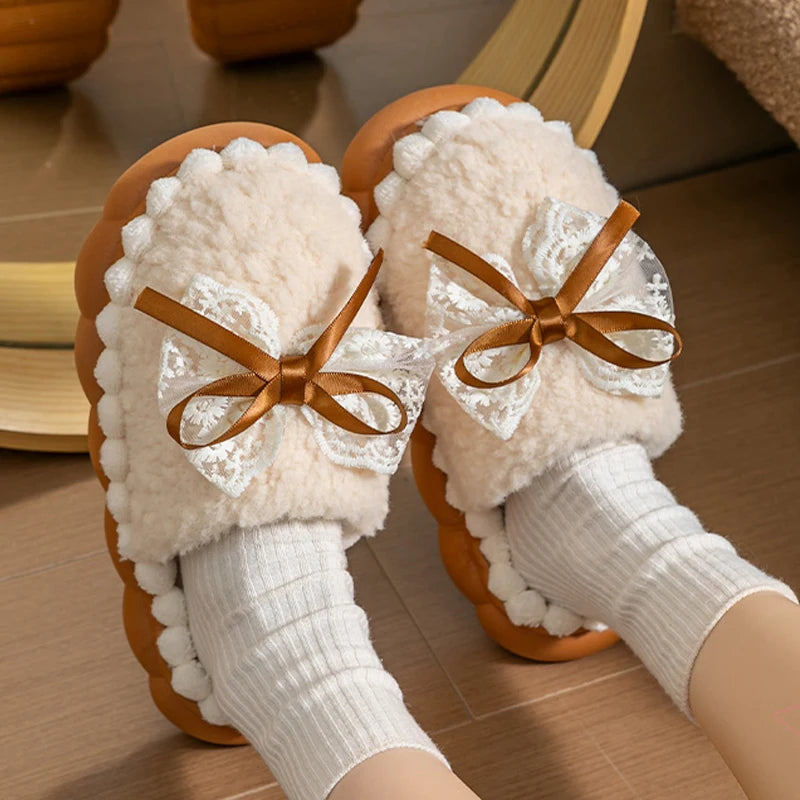 Winter Warme Fell Hausschuhe Für Frauen Dicken Sohlen Haushalts Hausschuhe Nette Schleife Nicht Slip Weichen Hause Schuhe Indoor Plüsch frauen Pantoffel