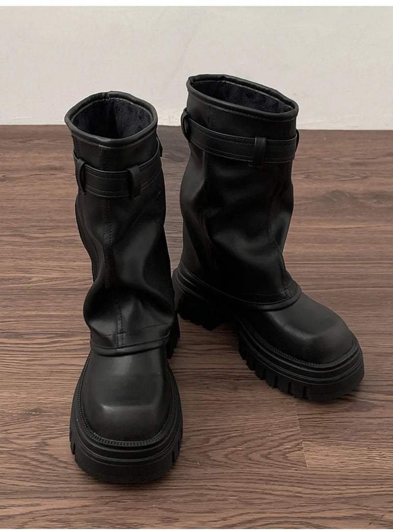 Winter Frauen Biker Stiefel Mode Gürtel Schnalle Damen Elegante Plattform Wohnungen Kurze Booties Casual frauen Ritter Booties
