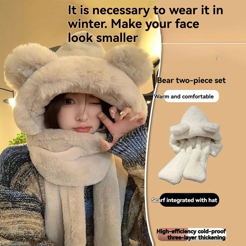 Winter warmes Plüsch-Fleece 3-in-1-Set mit Bärenohren, Kapuze, Mütze, Schal, Handschuhe, winddichtes Outdoor-Zubehör für kaltes Wetter