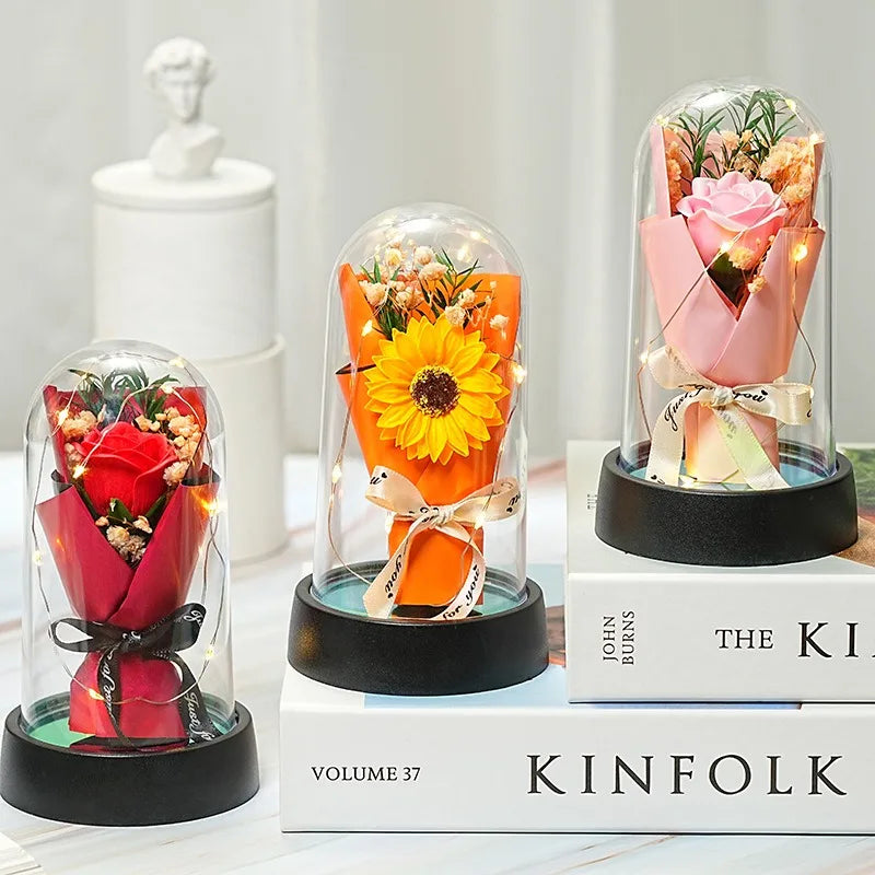 Ewiger Rosen-LED-Glaskuppel-Blumenstrauß, romantisch beleuchtete Verzierung, perfektes Valentinstag, Weihnachten, Heimdekoration, romantisches Geschenk