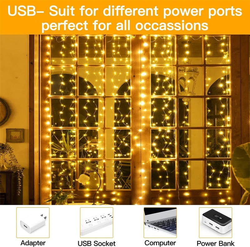 Weihnachtsbeleuchtung, LED-Feen-Lichterkette, Vorhang, Lichter, 8-Modus, Fernbedienung, USB, Girlande, Weihnachtsdekoration für Zuhause, Urlaub, Neujahr, Lampe
