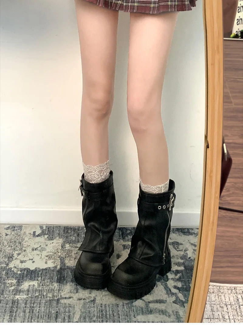 Winter Frauen Biker Stiefel Mode Gürtel Schnalle Damen Elegante Plattform Wohnungen Kurze Booties Casual frauen Ritter Booties