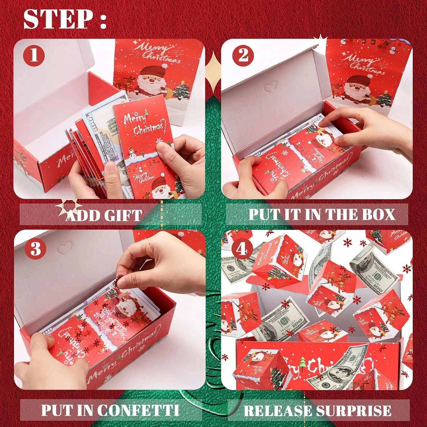 Weihnachts-Überraschungs-Geschenkbox mit Geldfunktion, Rot/Grün, Faltbare Pop-up-Papierboxen für Weihnachten, DIY-Geldgeschenk, Partydekoration