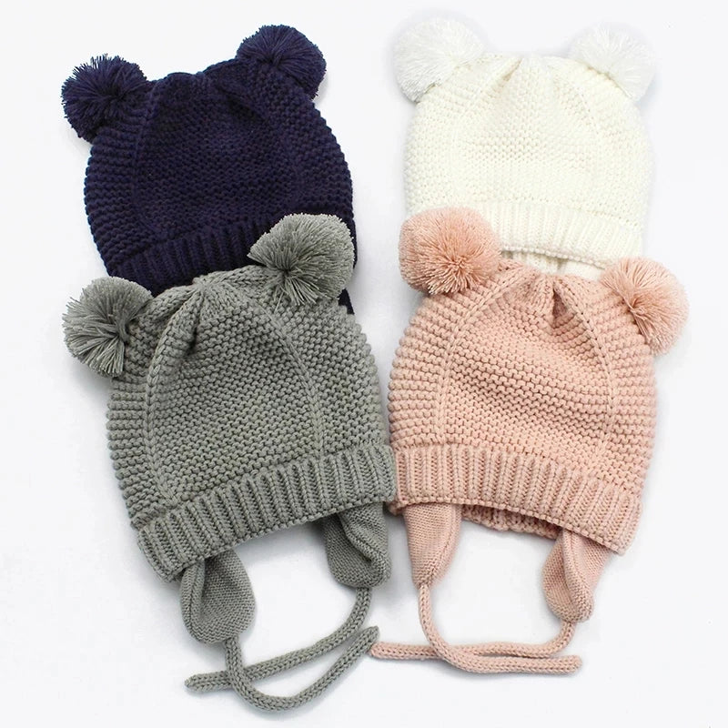 Winter-Babymütze für 0–12 Monate, Jungen und Mädchen, Zubehör, Strickmütze, Kindermütze, Fleece, warme Handschuhe, dicke Winterohr-Kindermütze, Babymütze