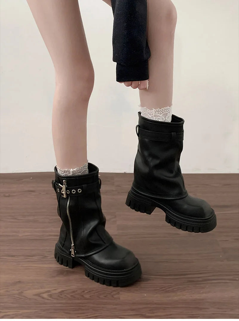 Winter Frauen Biker Stiefel Mode Gürtel Schnalle Damen Elegante Plattform Wohnungen Kurze Booties Casual frauen Ritter Booties