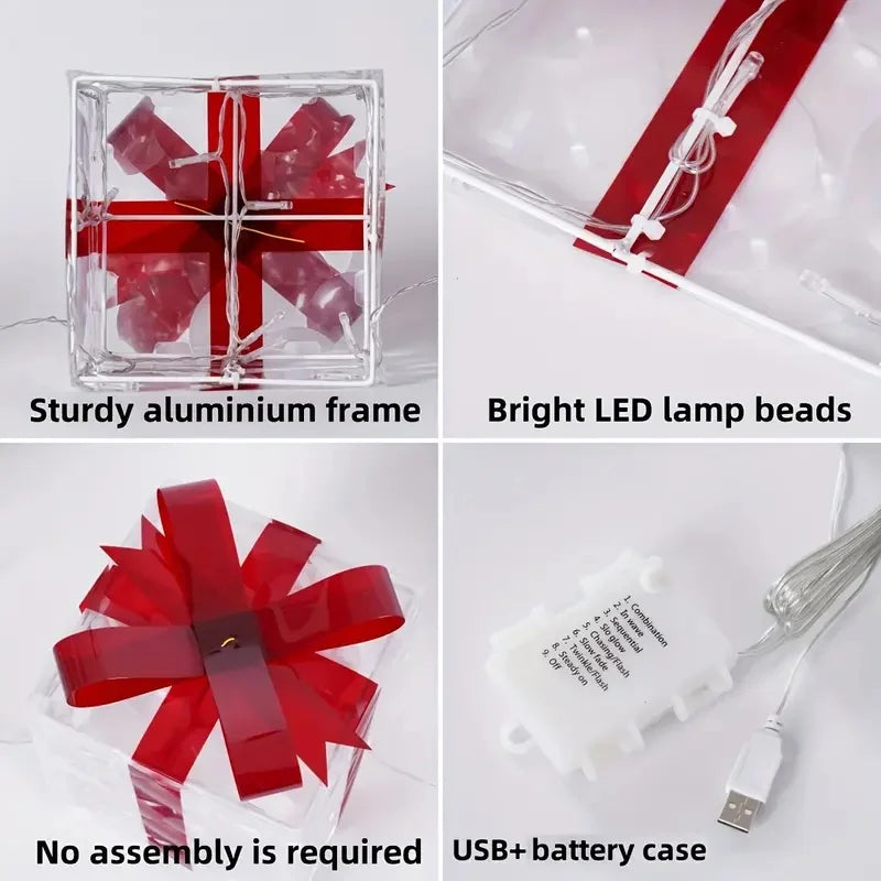 2026 Weihnachts-Leuchtgeschenkbox-Dekoration mit Schleife, Beleuchtungsbox für Außenbereich, Weihnachts- und Neujahrsdekoration für Haus und Garten