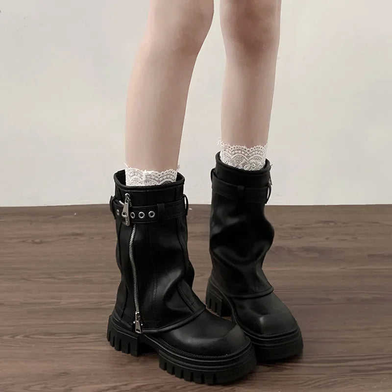 Winter Frauen Biker Stiefel Mode Gürtel Schnalle Damen Elegante Plattform Wohnungen Kurze Booties Casual frauen Ritter Booties