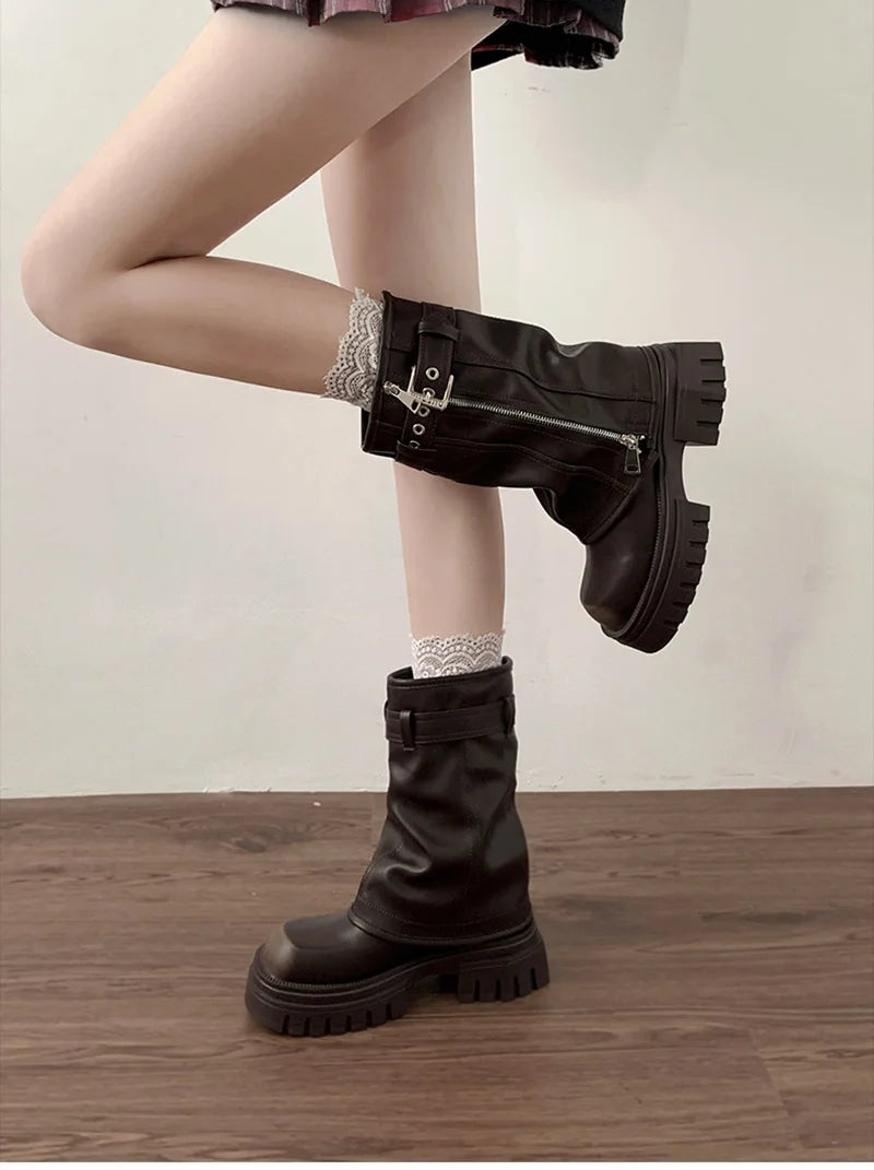 Winter Frauen Biker Stiefel Mode Gürtel Schnalle Damen Elegante Plattform Wohnungen Kurze Booties Casual frauen Ritter Booties