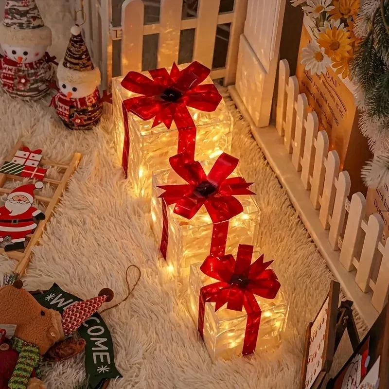 2026 Weihnachts-Leuchtgeschenkbox-Dekoration mit Schleife, Beleuchtungsbox für Außenbereich, Weihnachts- und Neujahrsdekoration für Haus und Garten