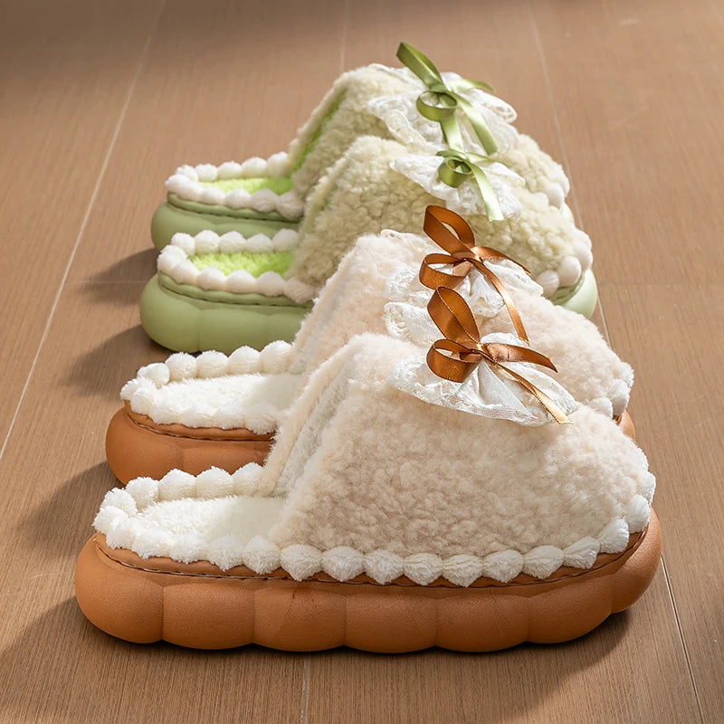 Winter Warme Fell Hausschuhe Für Frauen Dicken Sohlen Haushalts Hausschuhe Nette Schleife Nicht Slip Weichen Hause Schuhe Indoor Plüsch frauen Pantoffel