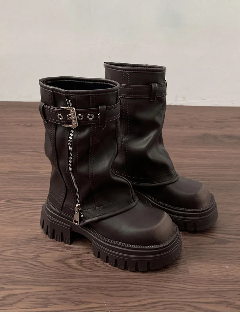 Winter Frauen Biker Stiefel Mode Gürtel Schnalle Damen Elegante Plattform Wohnungen Kurze Booties Casual frauen Ritter Booties