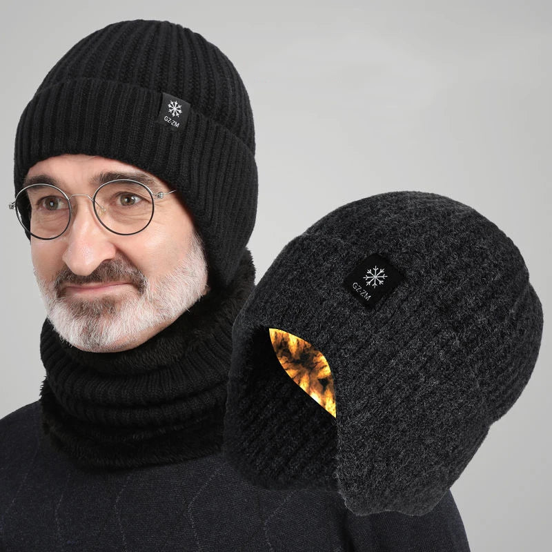 Warme Wintermütze aus Wolle für Menschen mittleren Alters und ältere Menschen, einteiliger Schneeflocken-Gehörschutz für Herren, verdickte Strickmütze für a