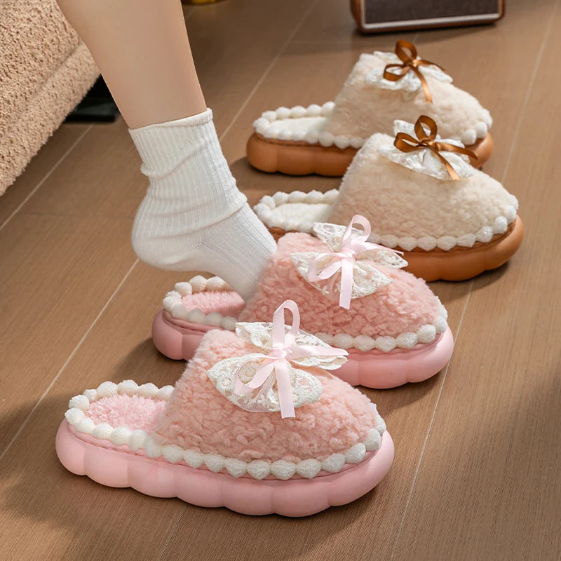 Winter Warme Fell Hausschuhe Für Frauen Dicken Sohlen Haushalts Hausschuhe Nette Schleife Nicht Slip Weichen Hause Schuhe Indoor Plüsch frauen Pantoffel