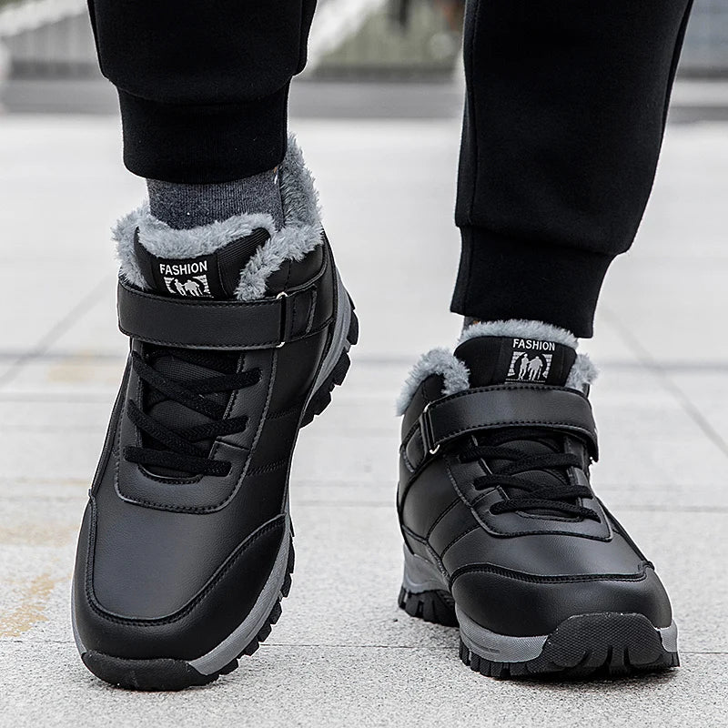 Winterstiefel für Herren, neue wasserdichte PU-Leder-warme Schnee-Stiefeletten für den Außenbereich, warmer Plüsch, rutschfeste Arbeits-High-Top-Freizeitschuhe