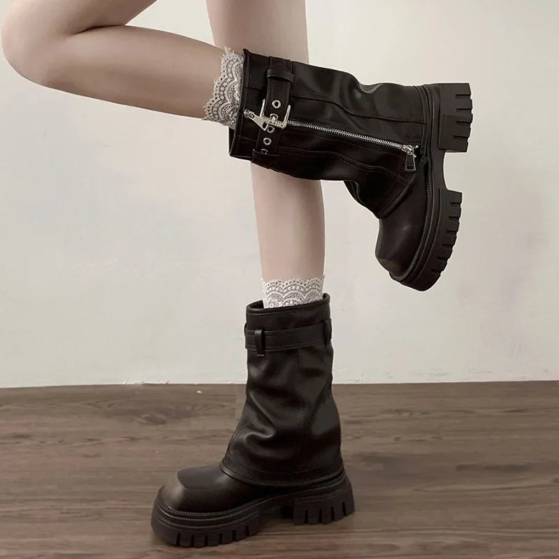 Winter Frauen Biker Stiefel Mode Gürtel Schnalle Damen Elegante Plattform Wohnungen Kurze Booties Casual frauen Ritter Booties