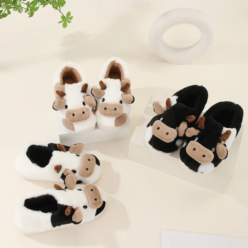 Winter-Hausschuhe für Paare, warm, Plüsch, neutral, Cartoon-Kuh, für den Innenbereich, rutschfest, bequem, Baumwolle, Hausschuhe für Damen und Herren