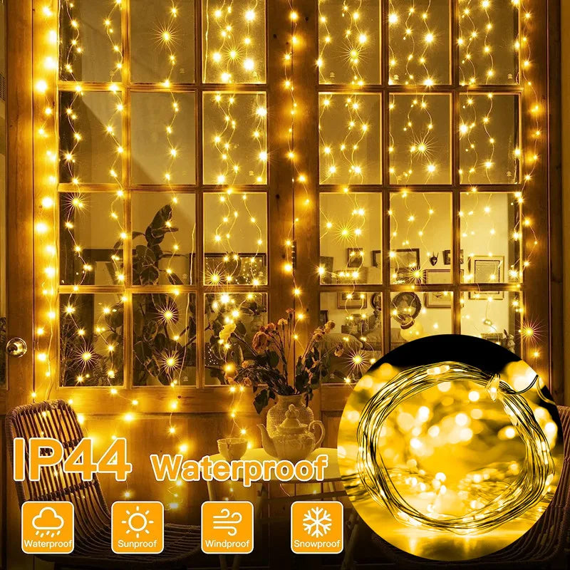 Weihnachtsbeleuchtung, LED-Feen-Lichterkette, Vorhang, Lichter, 8-Modus, Fernbedienung, USB, Girlande, Weihnachtsdekoration für Zuhause, Urlaub, Neujahr, Lampe