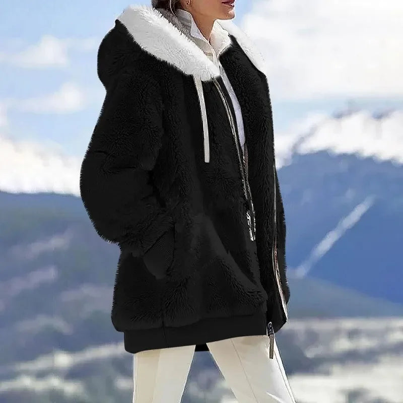 Herbst Winter Mode Damen mantel neue lässige Kapuze Reiß verschluss Dame Kleidung Kaschmir weibliche Fleece jacke einfarbige Damen mäntel
