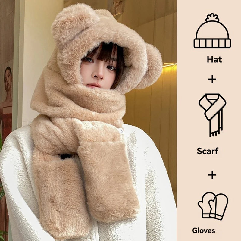Winter warmes Plüsch-Fleece 3-in-1-Set mit Bärenohren, Kapuze, Mütze, Schal, Handschuhe, winddichtes Outdoor-Zubehör für kaltes Wetter