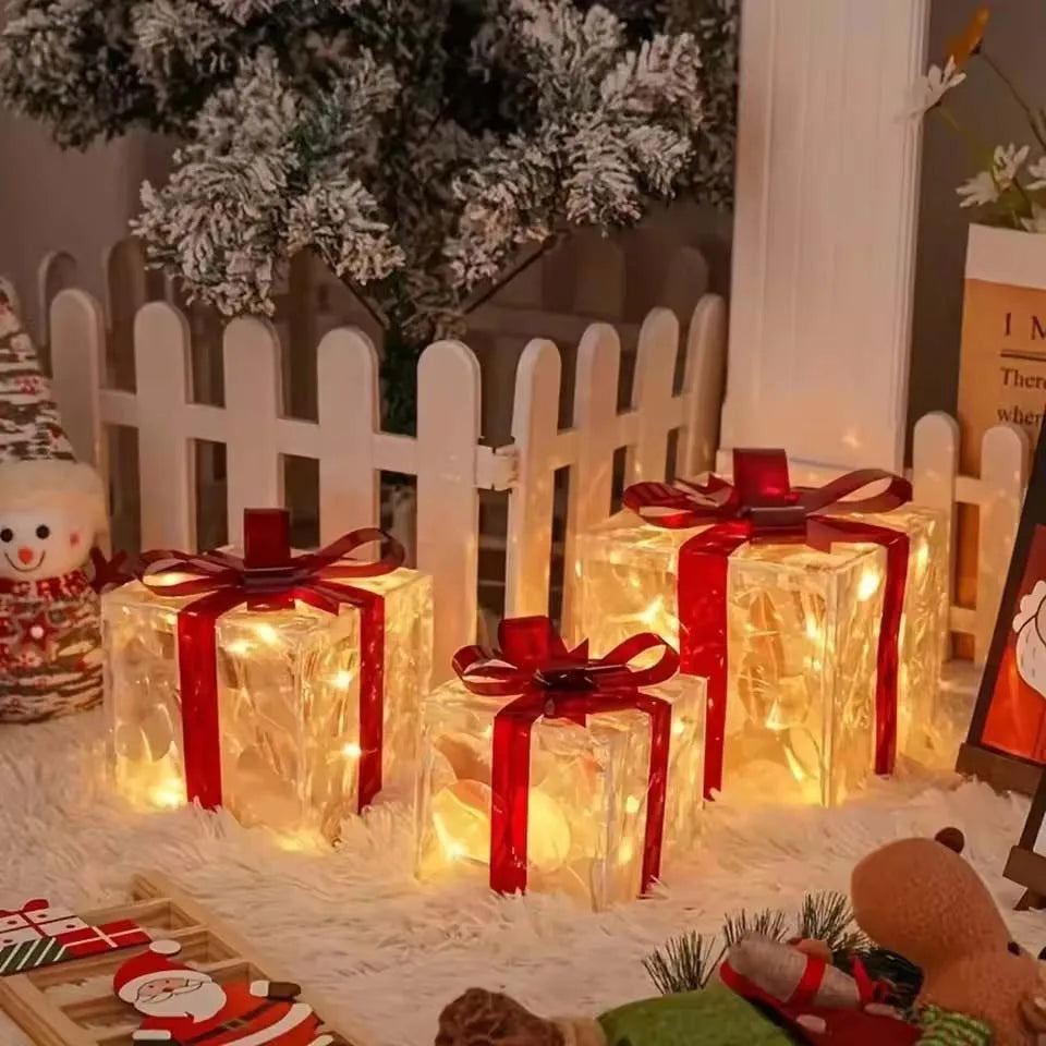 2026 Weihnachts-Leuchtgeschenkbox-Dekoration mit Schleife, Beleuchtungsbox für Außenbereich, Weihnachts- und Neujahrsdekoration für Haus und Garten