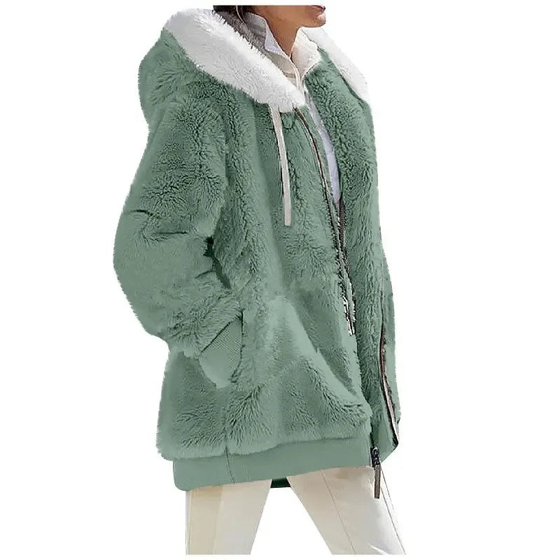 Herbst Winter Mode Damen mantel neue lässige Kapuze Reiß verschluss Dame Kleidung Kaschmir weibliche Fleece jacke einfarbige Damen mäntel