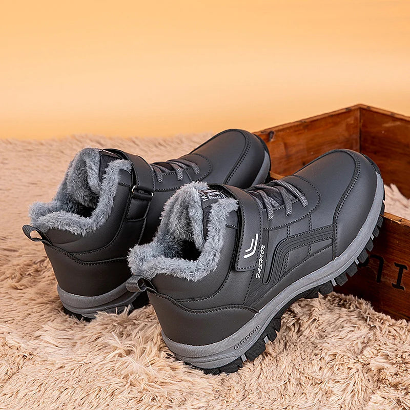 Winterstiefel für Herren, neue wasserdichte PU-Leder-warme Schnee-Stiefeletten für den Außenbereich, warmer Plüsch, rutschfeste Arbeits-High-Top-Freizeitschuhe