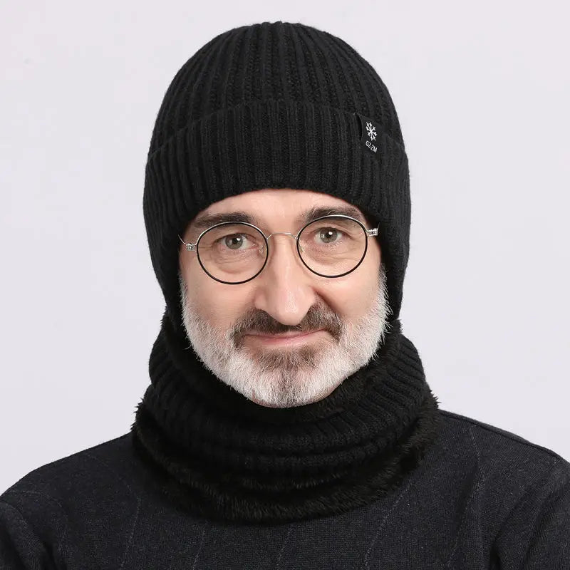 Warme Wintermütze aus Wolle für Menschen mittleren Alters und ältere Menschen, einteiliger Schneeflocken-Gehörschutz für Herren, verdickte Strickmütze für a