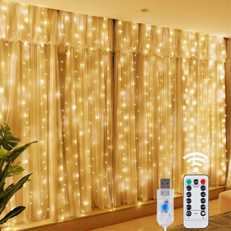 Weihnachtsbeleuchtung, LED-Feen-Lichterkette, Vorhang, Lichter, 8-Modus, Fernbedienung, USB, Girlande, Weihnachtsdekoration für Zuhause, Urlaub, Neujahr, Lampe