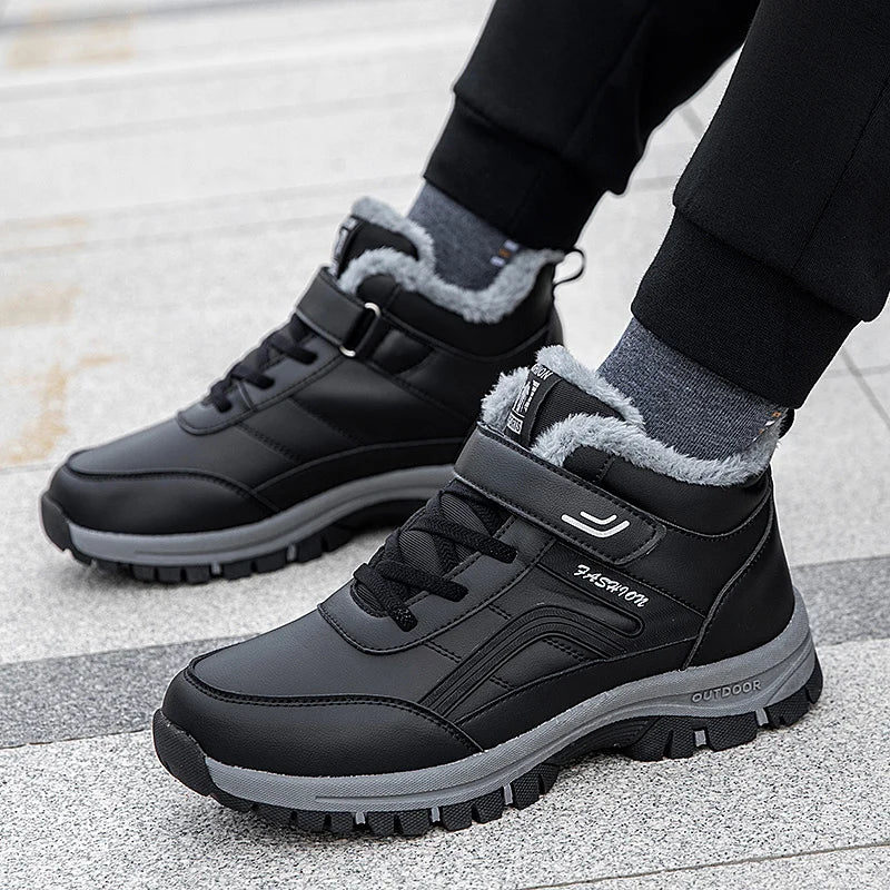 Winterstiefel für Herren, neue wasserdichte PU-Leder-warme Schnee-Stiefeletten für den Außenbereich, warmer Plüsch, rutschfeste Arbeits-High-Top-Freizeitschuhe