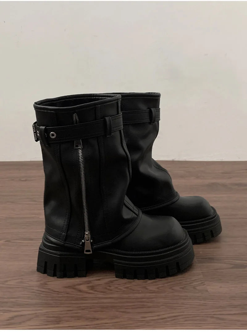 Winter Frauen Biker Stiefel Mode Gürtel Schnalle Damen Elegante Plattform Wohnungen Kurze Booties Casual frauen Ritter Booties