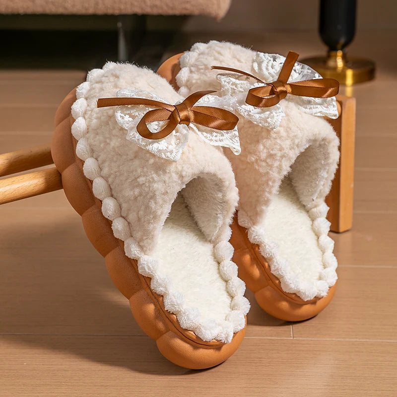 Winter Warme Fell Hausschuhe Für Frauen Dicken Sohlen Haushalts Hausschuhe Nette Schleife Nicht Slip Weichen Hause Schuhe Indoor Plüsch frauen Pantoffel