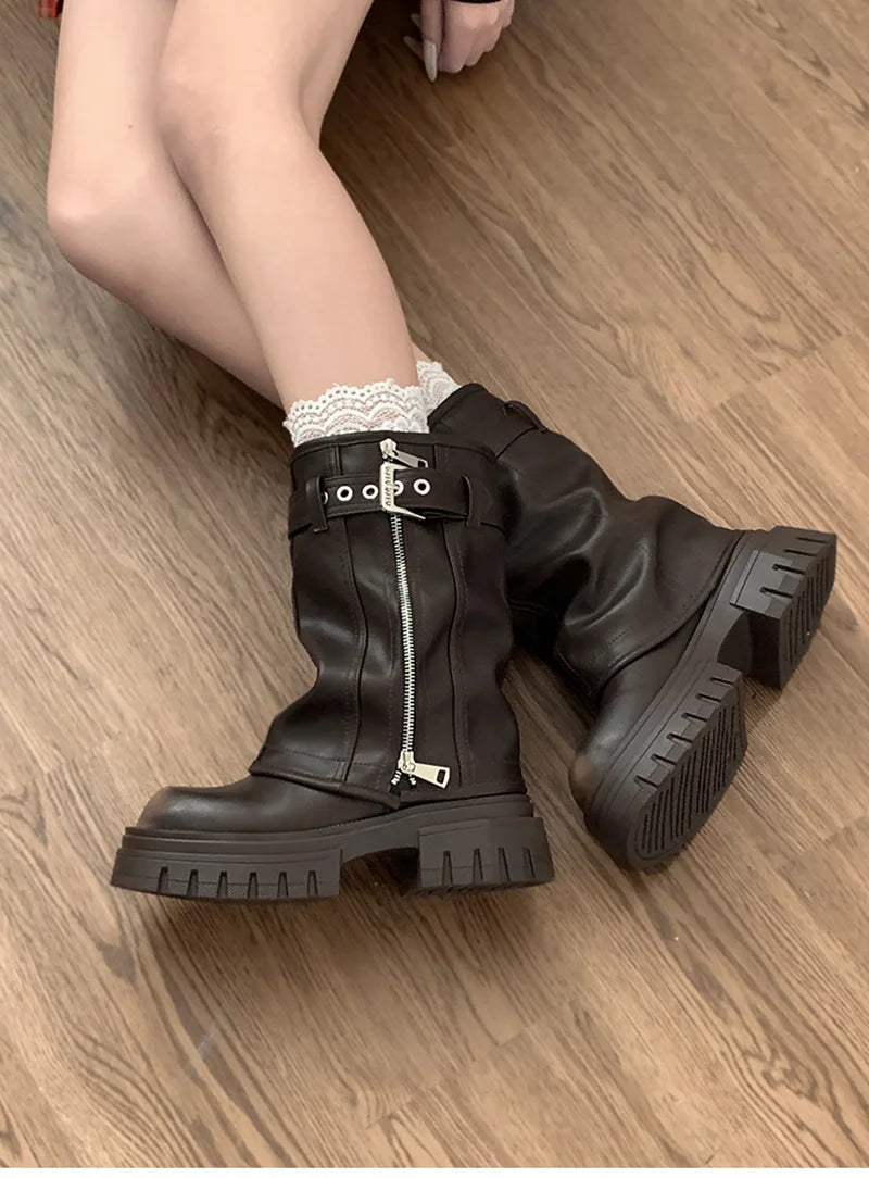 Winter Frauen Biker Stiefel Mode Gürtel Schnalle Damen Elegante Plattform Wohnungen Kurze Booties Casual frauen Ritter Booties