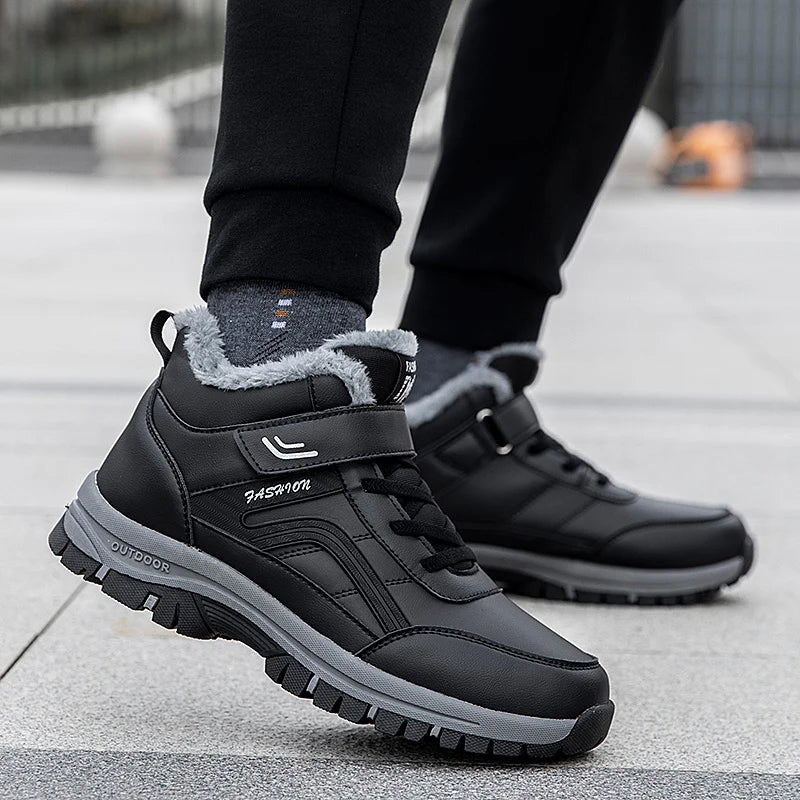 Winterstiefel für Herren, neue wasserdichte PU-Leder-warme Schnee-Stiefeletten für den Außenbereich, warmer Plüsch, rutschfeste Arbeits-High-Top-Freizeitschuhe